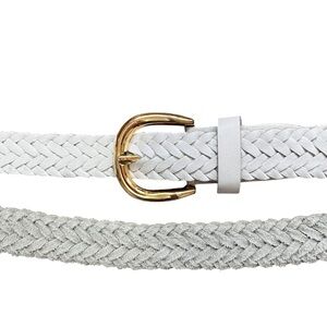 Vintage White Woven Leather Belt Braided Gold Tone Buckle 90s Y2K Size M